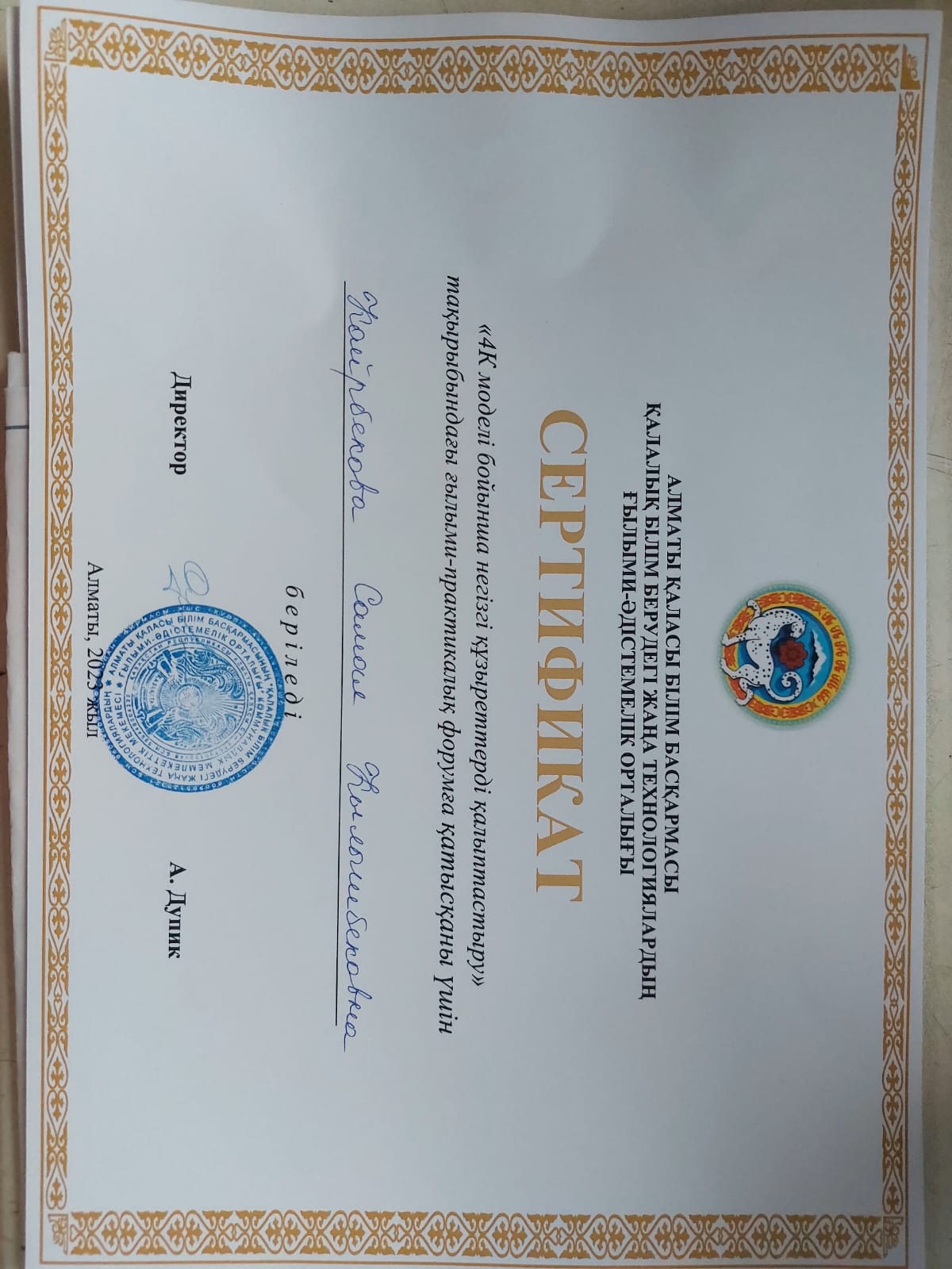 Қалалық сертификат. Сертификат городского уровня.